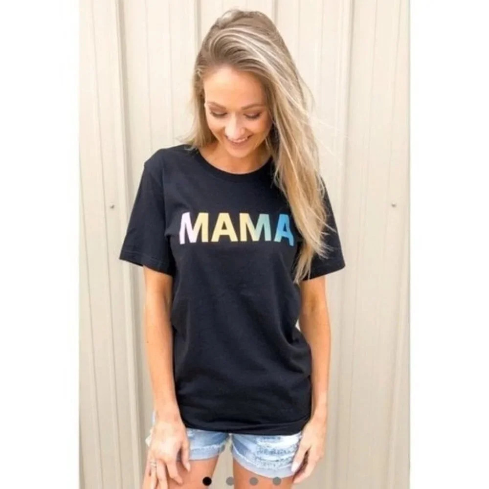 Boutique Black Colorful Mama Graphic Short Sleeve T-Shirt L